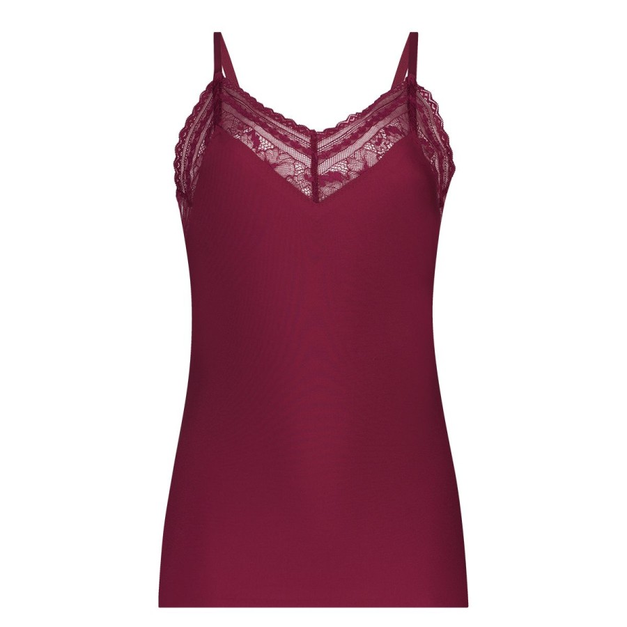 Dames Tencate Dames Tops | Spaghetti Top Met Kant V-Neck Beet Red