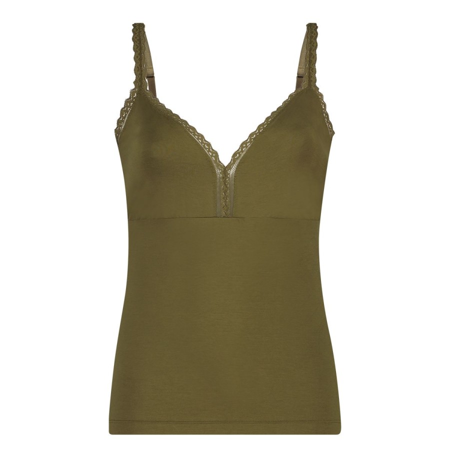 Dames Tencate Dames Tops | Spaghetti Top V-Neck Met Kant Olive Green