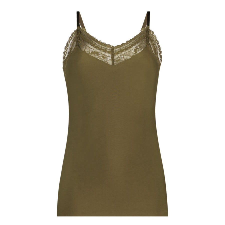 Dames Tencate Dames Tops | Spaghetti Top Met Kant V-Neck Olive Green